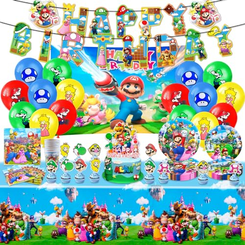 82pcs Super Ma Geburtstag Deko Hintergrund Party Geburtstagsdeko Luftballon und Tortendeko, Kindergeburtstag Mitgebsel Ballon Dekoration-Servietten, Pappteller, Tischdecken, Banner, Pappbecher