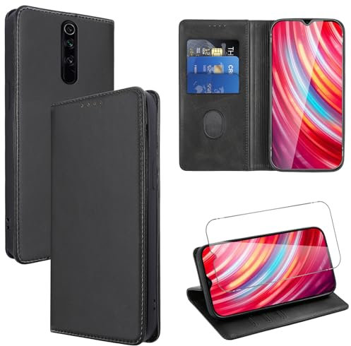 Vauki Funda Cuero para Xiaomi Redmi Note 8 Pro con 1 Cristal Templado Carcasa PU Tipo Cartera Soporte Tarjetas Case Ranuras Soporte Plegable Tapa Libro Movil Flip Caso para Redmi Note 8 Pro, Negro