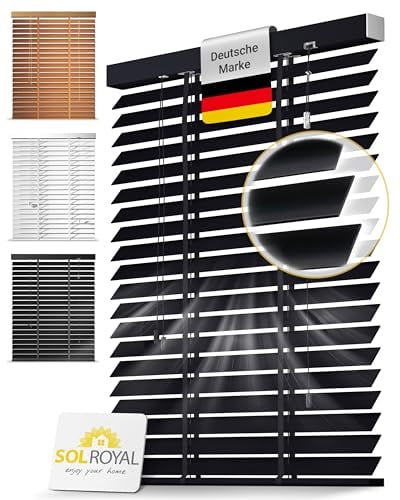 Sol Royal Holzjalousie 50 mm Lamellen extra breit – Fensterjalousie 130x250 cm Holzrollo einfache Montage Wand & Decke – Blickschutz Jalousie Fenster & Tür Massivholz Echtholz Rollo in Schwarz – BE5