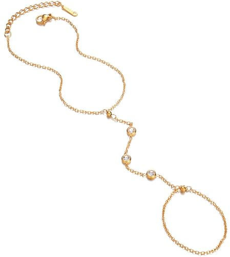 IMINI CZ Fingerring-Armband Handkette Edelstahl Kristall Sklavenkette Handgeschirr-Armband 14 Karat Vergoldet Zubehör Schmuck für Frauen und Mädchen
