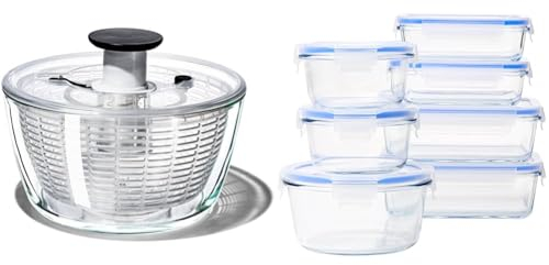 OXO Good Grips Glass Salad Spinner & Amazon Basics Airtight Glass Food Storage Container Set with BPA-Free & Locking Plastic Lids, 14 Pieces (7 Containers + 7 Lids), Clear
