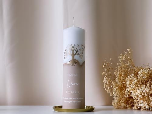 Heylovelypeople Moderne Taufkerze Baum mit Taube 7 x 25 cm in Beige personalisiert | Ein einzigartiges Accessoire für die Taufe | R216