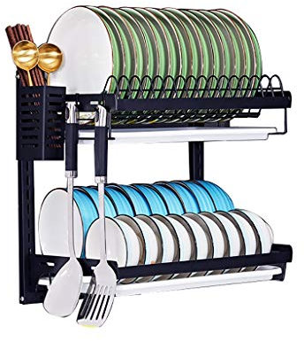 Rejilla para secar platos Rejilla para secar platos de 2 niveles Rejilla de drenaje montada en la pared de acero inoxidable Organizador de 15 ranuras para platos de 16,1 pulgadas de largo con escurr