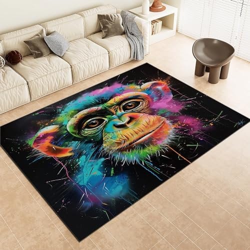Waschbarer Teppich 120x170cm, Tier Graffiti AFFE Weicher Rutschfester Vintage Teppich, Kurzflor Bedruckter Teppich für Wohnzimmer, Büro, Schlafzimmer Bunt