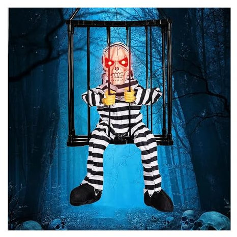 TRIXES Gruseliges Skelett im Käfig – Spukhaus-Requisite mit kreischender Stimme – Alptraum-Kreatur