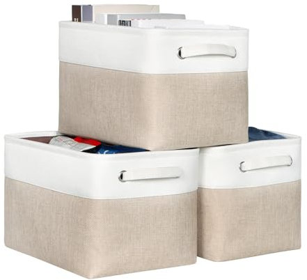 KEEGH Fabric Storage Baskets Set of 3, 15in Storage Boxes for Shelves, Foldable Storage for Hard Bottom Storage, Fabric Basket with Handle, Storage Boxes for Home and Office-White/Beige