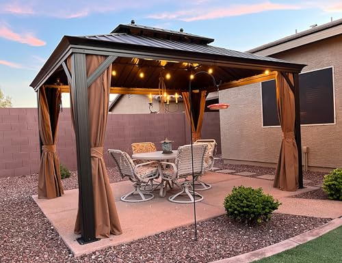 PURPLE LEAF Tonnelle de Jardin Exterieur 4,25 x 3 m, Tonnelle Aluminium avec Éclairage Extérieur Intégré et Rideaux Moustiquaires, Pergola avec Gouttière Intégrée et Poteaux Renforcés, Bronze