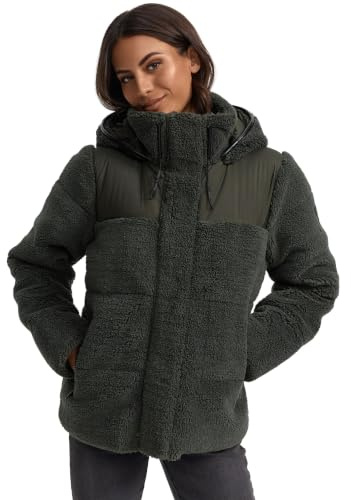 MARIKOO Damen Teddy-Fleecejacke warme Übergangsjacke gesteppte Plüschjacke in angesagtem Materialmix mit Kapuze Kaguraa 16 XS-XXL