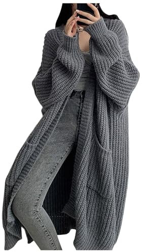 Womens Cardigan Knit Sweater Coat Long Oversized Knitwear Thermal Solid Color Casual Chunky Crochet Long Sweater Loose Long Sleeve With Pocket Open Front Knit Outerwear Soft Overcoat Fall Winter