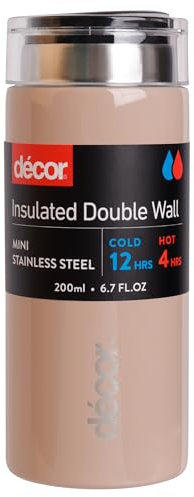 Décor Double Wall Stainless Steel Travel Mug - Keeps 4 Hours Hot - 12 Hours Cold - Car Cup Holder Compatible - Removable Screw Top Lid - 200ml Latte.