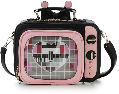 fancybag Ita Women's Pink TV Shoulder Bag Retro TV Design Unique See Through Window Enamel Pin Backpack
