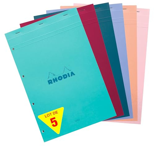 Rhodia 20195C - Packung mit 5 Notizblöcke/Schreibblöcke geheftet, COULEURS N°20, DIN A4+ (21x31,8cm), 80 Blatt französische Lineatur 80g, mikroperforiert, farbig sortiert, 1 Pack