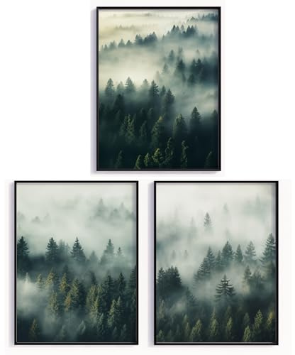 MJ-GRAPHICS® Poster Wald Nebel Bilder 3er Set Bild A4 Natur Wanddeko Wohnzimmer Schlafzimmer Poster Kunstdrucke Waldlandschaft Wandkunst Naturmotive Nebelwald Poster Grün – ohne Rahmen