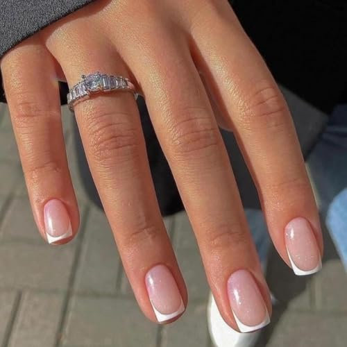 SXVME White French Tip False Nails Short Square, Natural Nude Press on Nails with Glitte Sequins Designs, Glossy Gel Finish Acrylic Nails Press Ons for Women Daily Wear 24 Pcs