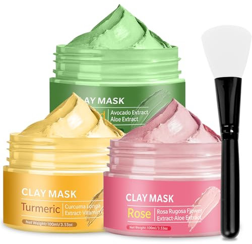 100ml×3 Mascarilla Limpiadora, Mascarilla Facial de Arcilla Rosa, Aguacate y Cúrcuma, Controla grasa y refina los poros, Mascarilla Limpiadora, Limpiar Hidratar la Piel