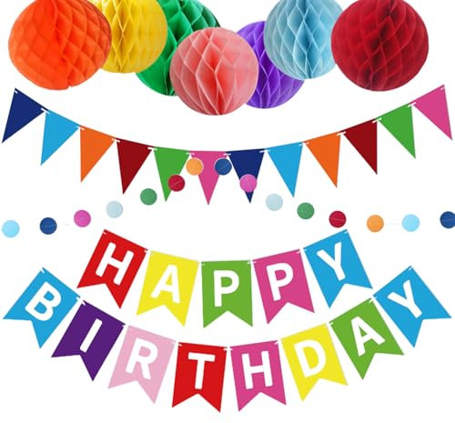 1 Set of Rainbow Birthday Party Decorations Colorful Circular Flower Hanging Decoration with Stitching Honeycomb Paper Lantern Fan for Girls and Womens