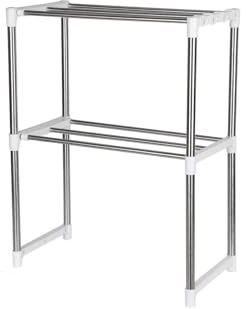 2 Tier Expandable Microwave Oven Rack Stainless Steel Countertop Storage Shelf with Adjustable Width 4 Hooks Kitchen Worktop Organiser for Space Saving