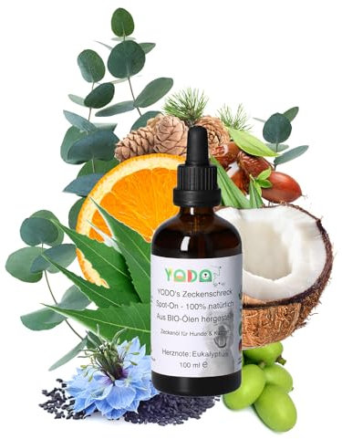 YODO’s Zeckenschreck, Protection 100% Naturelle Contre Les tiques, Huile Anti-tiques pour Chiens et Chats, 7 huiles Bio de Haute qualité, Eucalyptus 2500 Gouttes 100ml Flacon à Pipette