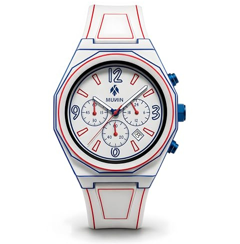 Munin Montre design bande dessinée - Sportive, couleur blanc bleu rouge - Bracelet en silicone, style Pop Art, résistante à l'eau, montre originale et à la mode pour homme