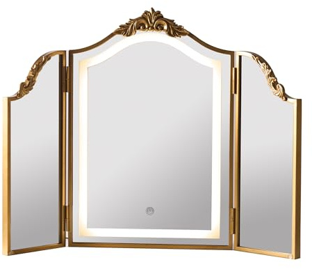 HSDDHOME Antiker goldfarbener dreifach Faltbarer Make-up-Spiegel mit dreifarbiger LED-Beleuchtung und Dimmung, barocker geschnitzter Bogen, Vintage-Kosmetikspiegel, Bohemian-Dekor für Schlafzimmer