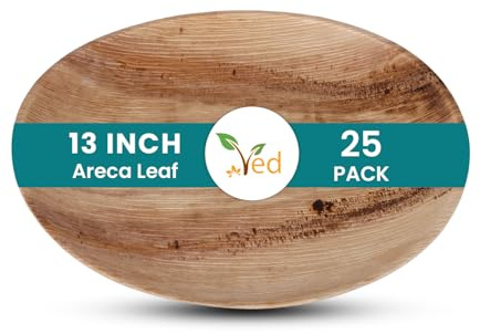 Ved Plato desechable ecológico y biodegradable de hoja de areca 32,5 cm (13), bandeja compostable ovalada, resistente para bodas, fiestas y pícnics. Apto para microondas y horno.