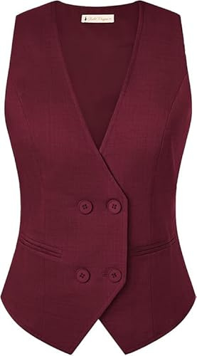 Belle Poque Weste Damen Vintage Ärmellos V-Ausschnitt Zweireihig Taschentuchsaum Anzug Weste mit Taschen