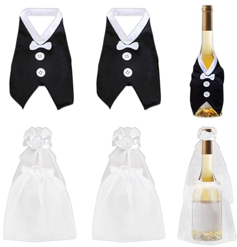EDLMKM 4 Pcs Wedding Decoration Wine Bottles Set, Bride and Groom Wine Covers, Wedding Gifts for Couple Wine Gift Bags, for The Couple Fun Bottle Covers Wedding Centerpieces Decorations