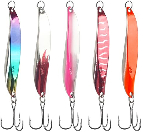 Fishing Spoons Lures Kit, 5pcs Hard Metal Trout Spoon Fishing Lures Casting Trolling Baits with Treble Hook 1/4oz-1oz Jigging Spoons for Bass Walleye Pike Saltwater Freshwater