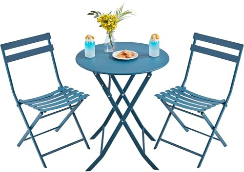 Yaheetech 3-Piece Folding Bistro Set, Space-Saving Table & Chairs, Blue | Easy To Fold & Store | Stable Durable Iron Frame | Outdoor Use For Patio, Balcony, Yard & Garden