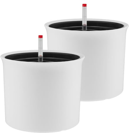 Leni Atlas Hydrokultur-Set Blumentopf Ø 24,5 cm Höhe 20 cm Weiß 2er-Pack | mit Kulturtopf und Gießanzeige, Übertopf, Pflanztopf aus Kunststoff matt