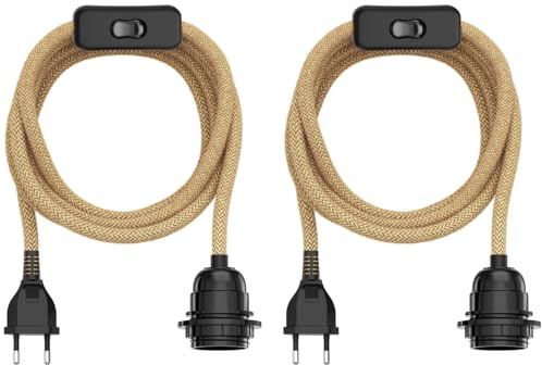 ledscom.de 2x Hanf-Kabel/Textilkabel LEKA, Stecker, Schalter, beige, 4,5 m, Lampen-Fassung, 1x E27 max. 60W