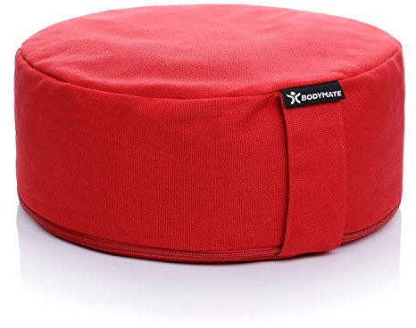 BODYMATE Yogakissen rund 31cm Durchmesser 13cm hoch RED Wine mit Buchweizen-Spelz Füllung – Maschinenwaschbarer Bezug aus 100% extra Dicker Baumwolle – Meditationskissen – Sitzkissen