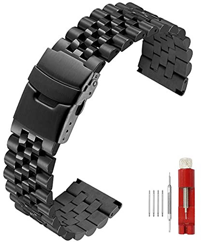 SINAIKE 24 mm Uhrenarmbänder Gebürstetes und poliertes 3D-Uhrenarmband aus massivem Edelstahl Jubilee-Uhrenarmband mit doppelter Faltschließe Schwarz