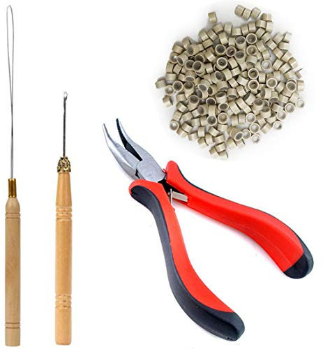 TIHOOD Hair Extension Kit Pliers Pulling Hook Bead Device Tool Kits and 200PCS Beige Silicone Lined Micro Rings(Beige)