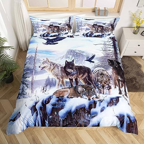 Loussiesd Schneefeld Wolf Bettwäsche Set 155x220 cm 3D Wölfe Drucken Bettbezug Set für Kinder Jungen Weiß Blau Tierwelt Tiere Betten Set Super weich Mikrofaser mit 1 Kissenbezug Reißverschluss