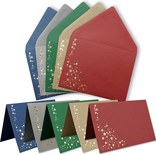 Faltkarten-Set mit Umschlägen DIN C6 A6 - Mix-Paket in verschiedenen Farben mit goldenen Metallic Sternen - 20 Sets - für Drucker geeignet Ideal für Weihnachtskarten