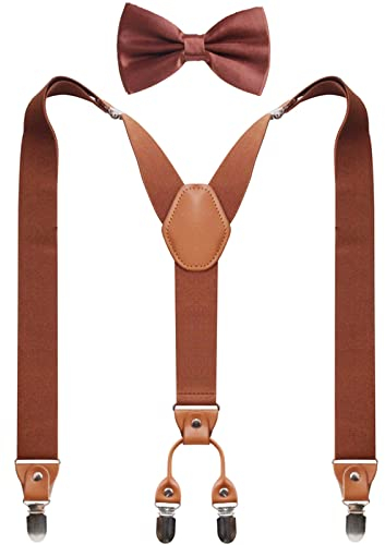 GUCHOL Hosenträger-Fliege für Damen und Herren, strapazierfähig, elastisch, breite Hosenträger, starke 4 Metall-Clips, verstellbar, braun, L