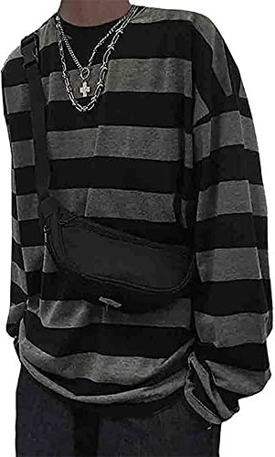 Women Harajuku Oversized Stripe Casual Long Sleeves Crewneck T-Shirt Tee Tops Grey