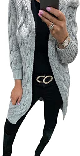 Exclusive Fashion Women Ladies Cardigan Cable Knitted Oversized Long Hooded Chunky Jumper Cape Top (One Size UK 8-18, Silver Grey)