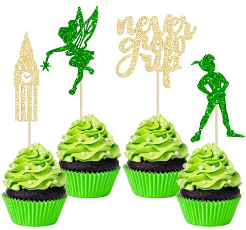 Gyufise 24 Pack Never Grow Up Cupcake Toppers P Pan Cake Toppers Baby Shower Never Grow Up Cupcake Picks for Neverland Theme Boys Girls Adults Birthday Party Cake Decorations Green Gold Glitter