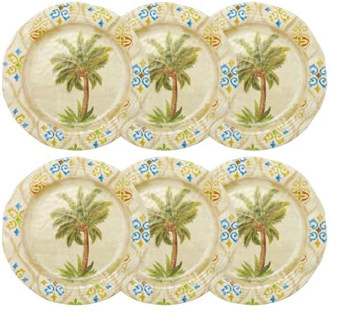UPware Ikat Palm Melamine Dinner Plate Set, Flower Shaped Plates for Main course, Pasta, and Salad, BPA-Free, Dishwasher Safe, Multicolor, 10.88 Inch, Set of 6