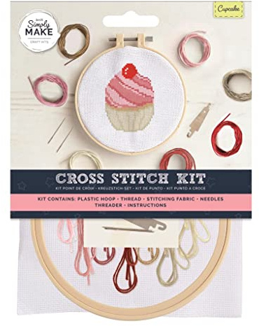 Simply Make Cross Stitch Kit - Cupcake Design for Kids and Adults, Including Hoop, Embroidery Thread, Fabric and Needle - Perfect for Adult Crafts and Beginners - Starter Cross Stitch Craft Kit