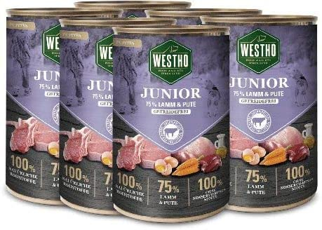 Hundefutter Nassfutter Junior (6 x 400g) | 75% Weidelamm und Pute in Lebensmittelqualität | Getreidefrei | Welpenfutter für Welpen und Junghunde Aller Rassen | Gesundes Wachstum