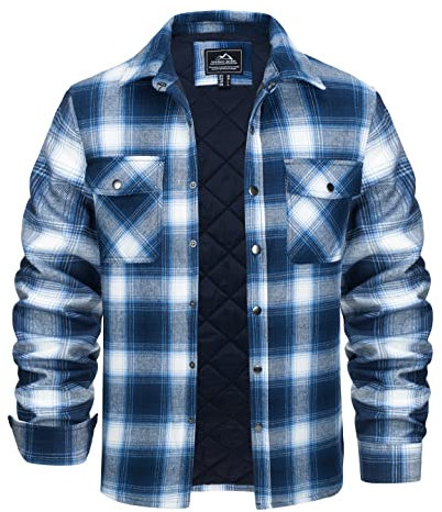 KEFITEVD Hommes Veste Carreaux Bûcheron Flanelle Chaude Blouson Carreaux Extérieur Chemise Bûcheron Thermique,Bleu Blanc,XL