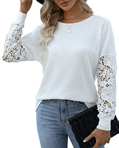 Hount Pullover für Damen Lang Rundhals Sweatshirt Tshirt Casual Herbst Frauen Oberteil (XXL, Weiß)