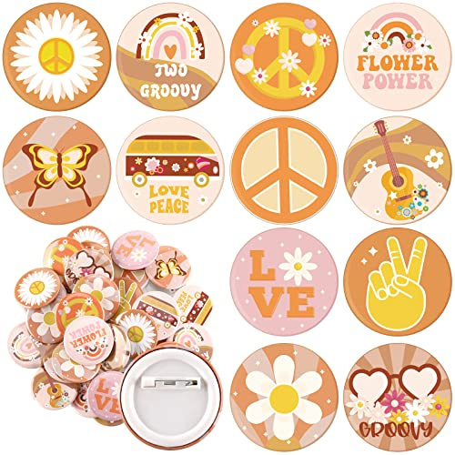 Lot de 48 épingles à boutons rétro hippie Love and Peace - Accessoires hippie des années 60 - Accessoires de fête hippie - Accessoire de costume hippie - 3,8 cm