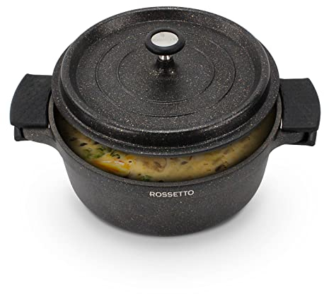 ACTIV CUISINE Cocotte en fonte ronde induction Marmite en fonte 7 Litres 28cm Fonte d'Aluminium, Revêtement Anti-adhésif Aspect Pierre, Avec Couvercle Coussinets en Silicone Amovibles, Noir