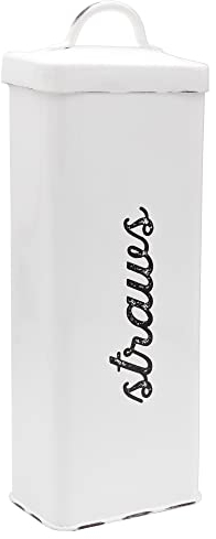 AuldHome Farmhouse Enamelware Straw Holder (White); Rustic Metal Straw Storage Canister