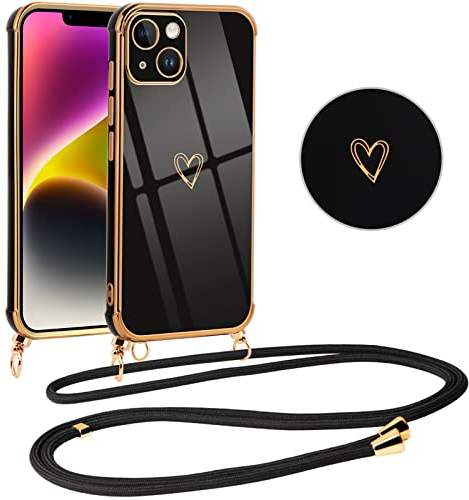 Vauki handyband für iPhone 14 Hülle mit Band, Handyhülle mit Kette, Herz Motiv, Ultra Dünn Stoßfeste Aesthetic Case mit Kordel zum Umhängen für iPhone 14 6.1, Schwarz