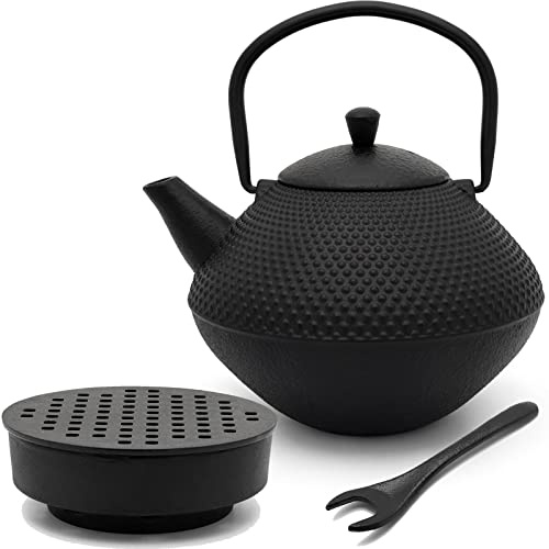 Bredemeijer Asia Gusseisen Teekanne Set 1.0 Liter mit Edelstahl Tee-Filter Sieb-Einsatz - Teewärmer & Deckelheber - 3-teiliges Teeset für losen Tee